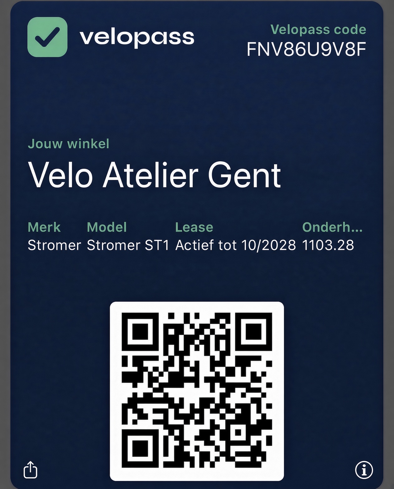 Velopass digital pass in Apple Wallet showing bike photo, brand, model, frame number and QR code